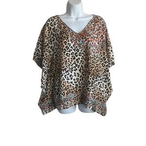 Savanna Jane Women Top S/M‎ Leopard Print Embroidered Southwest Boho Lagenlook